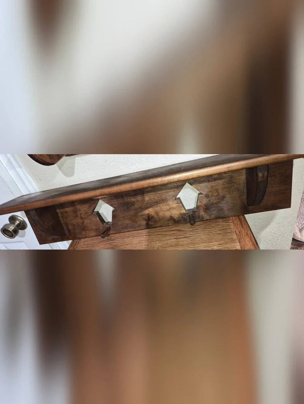 Large Old Country Wood Display Shelf, With 2 Peg Hooks